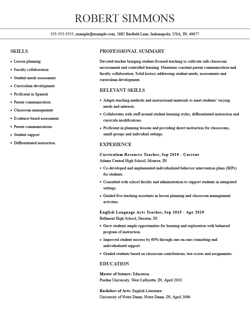 Teacher Resume Example