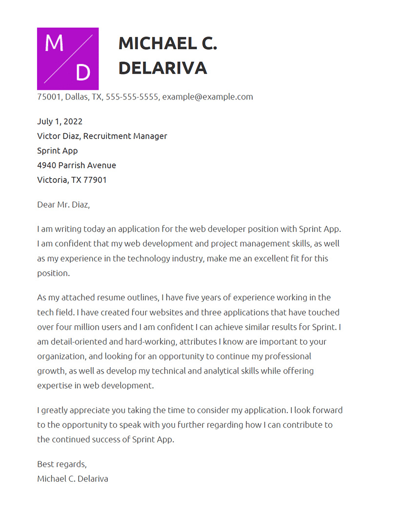 Web Developer Cover Letter Example RNerd