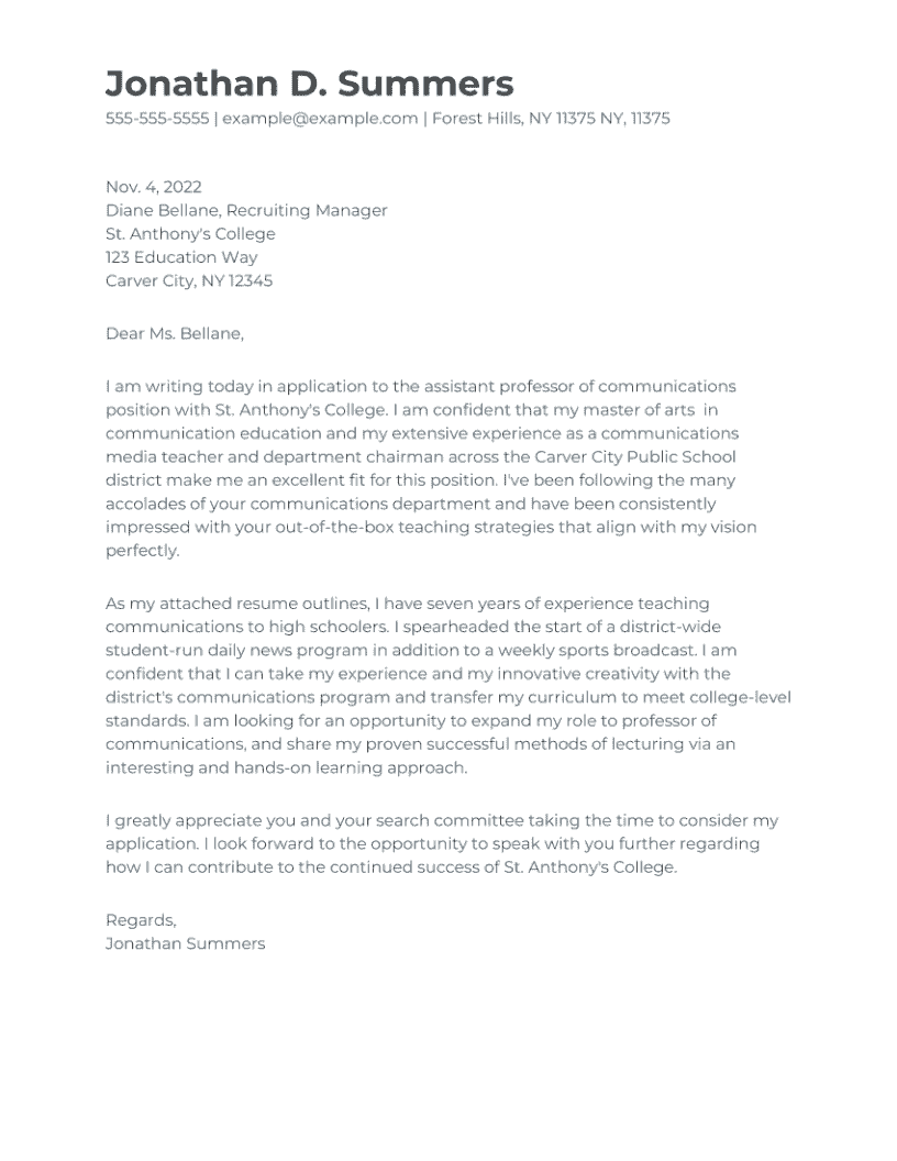 Academic Cover Letter Example