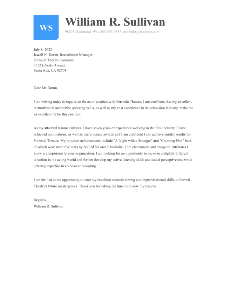 Best Acting Cover Letter Examples for 2023 ResumeNerd
