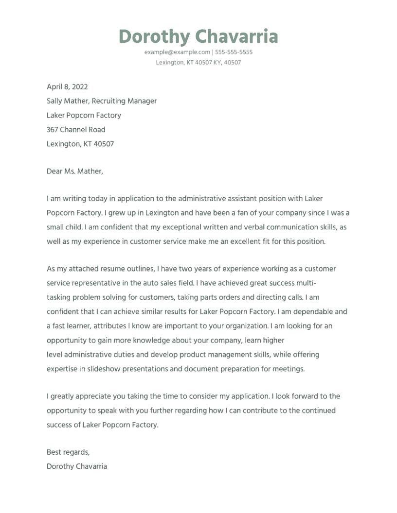 Administrative Cover Letter Example