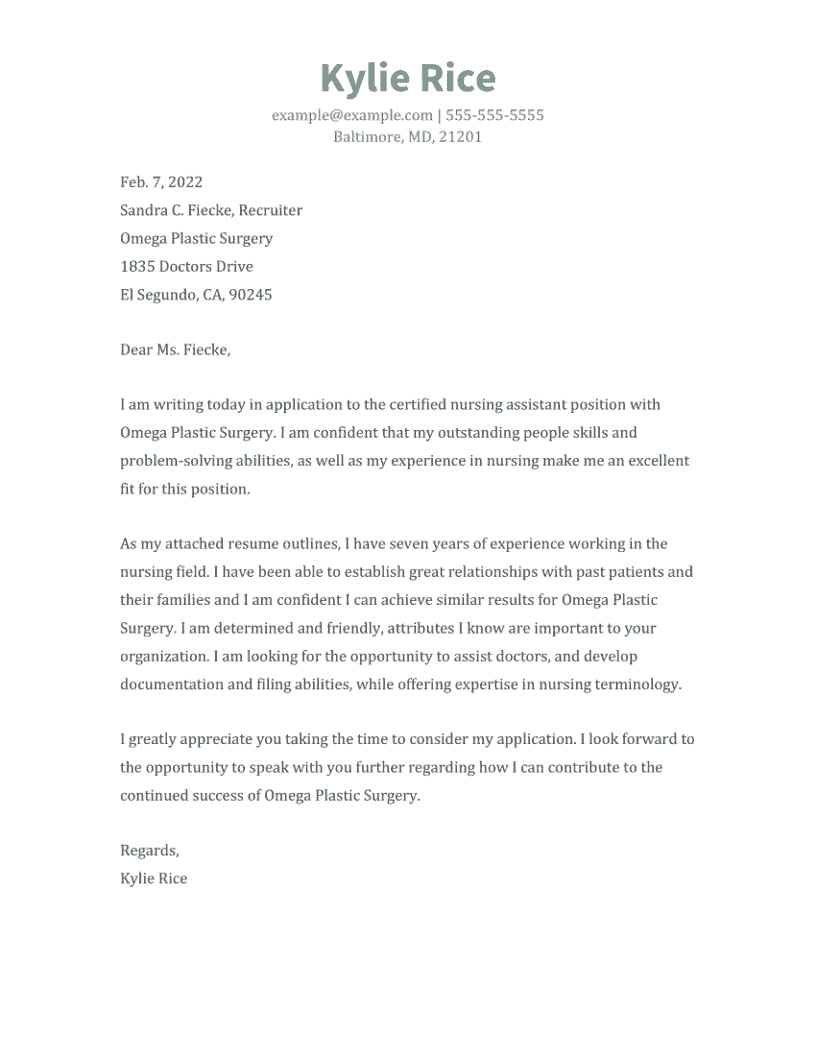 CNA Cover Letter Example