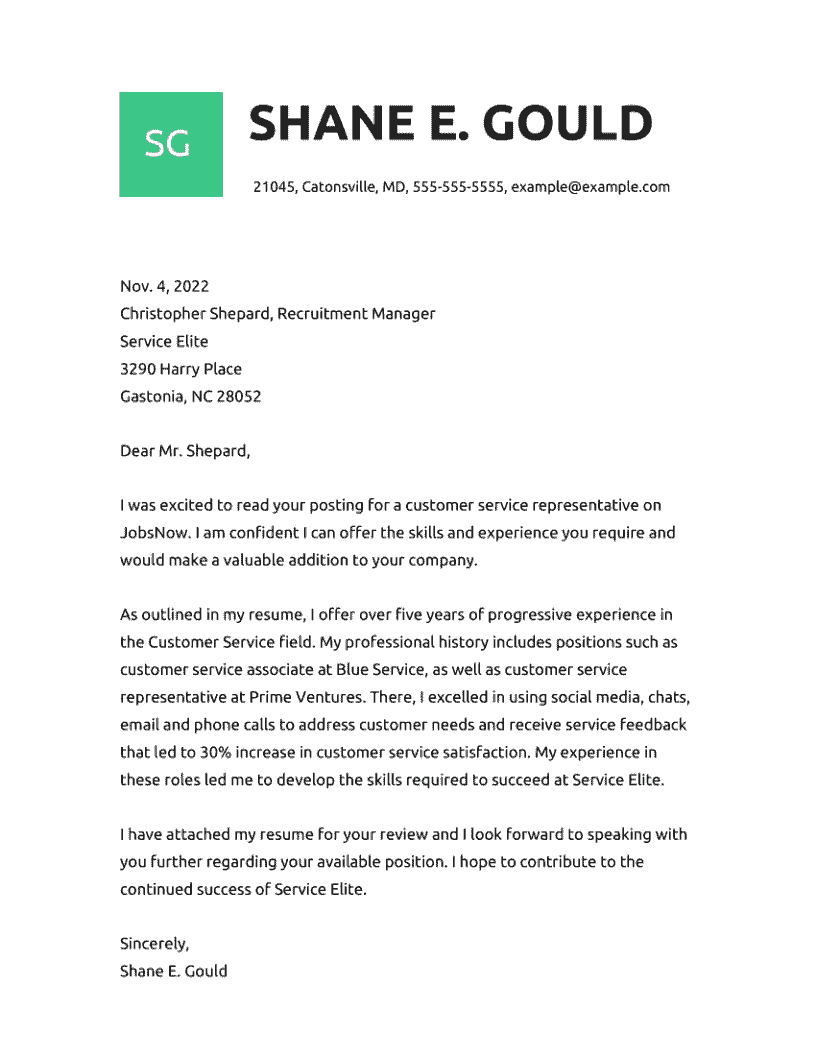 Customer service cover letter example