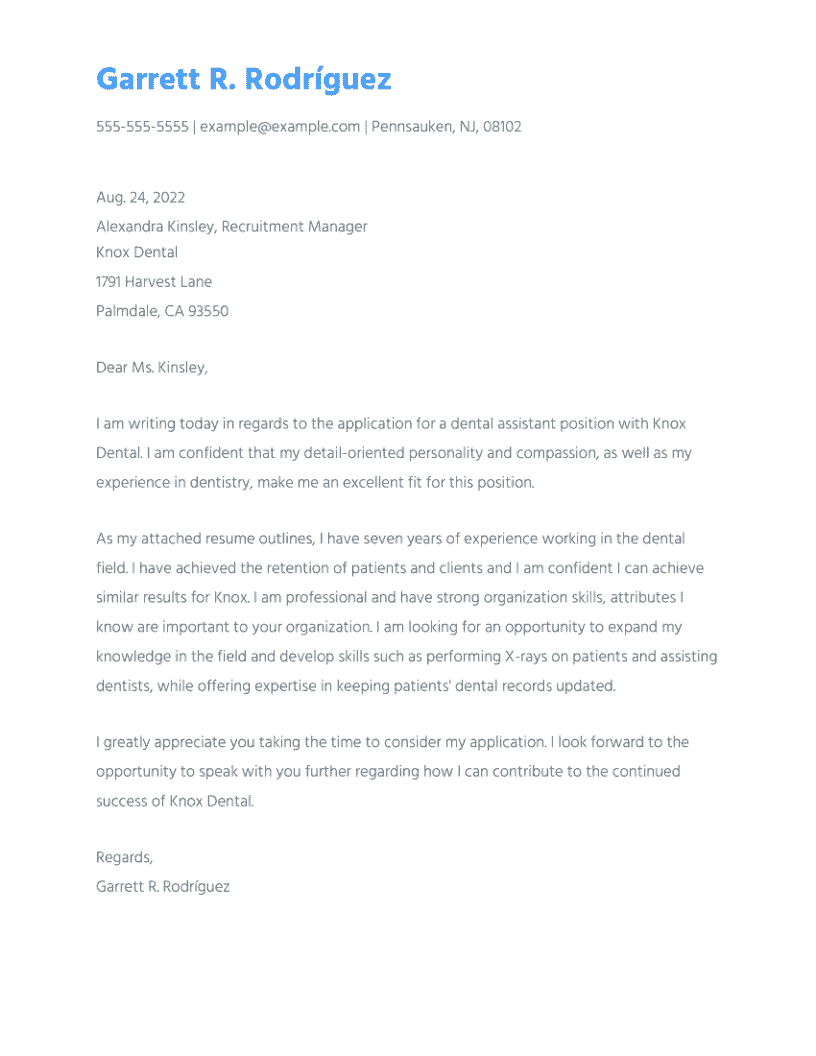 dental assistant cover letter sample