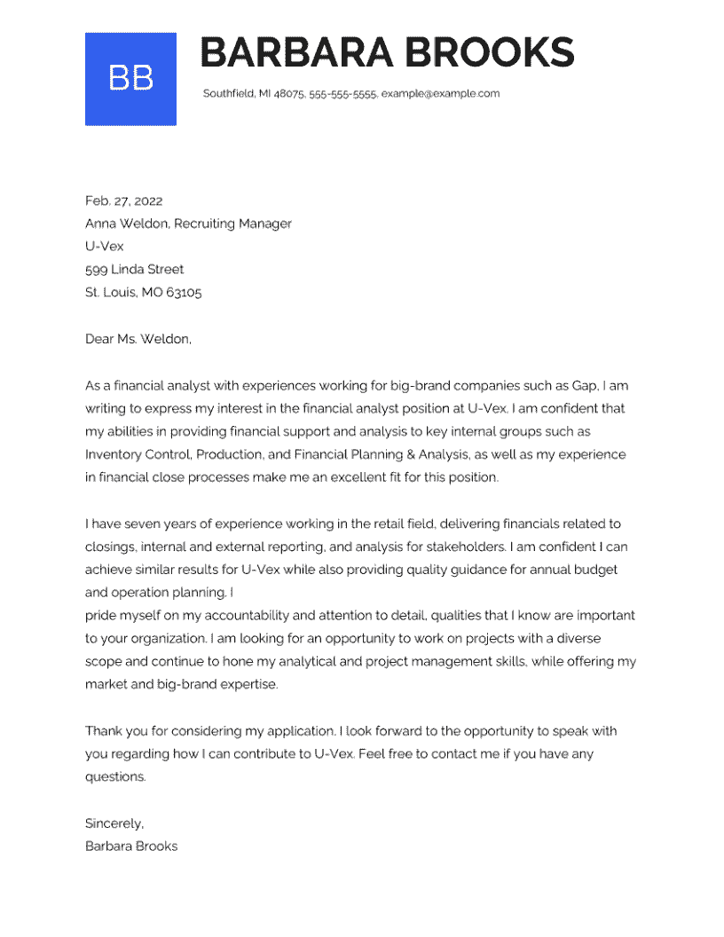Finance Cover Letter Example