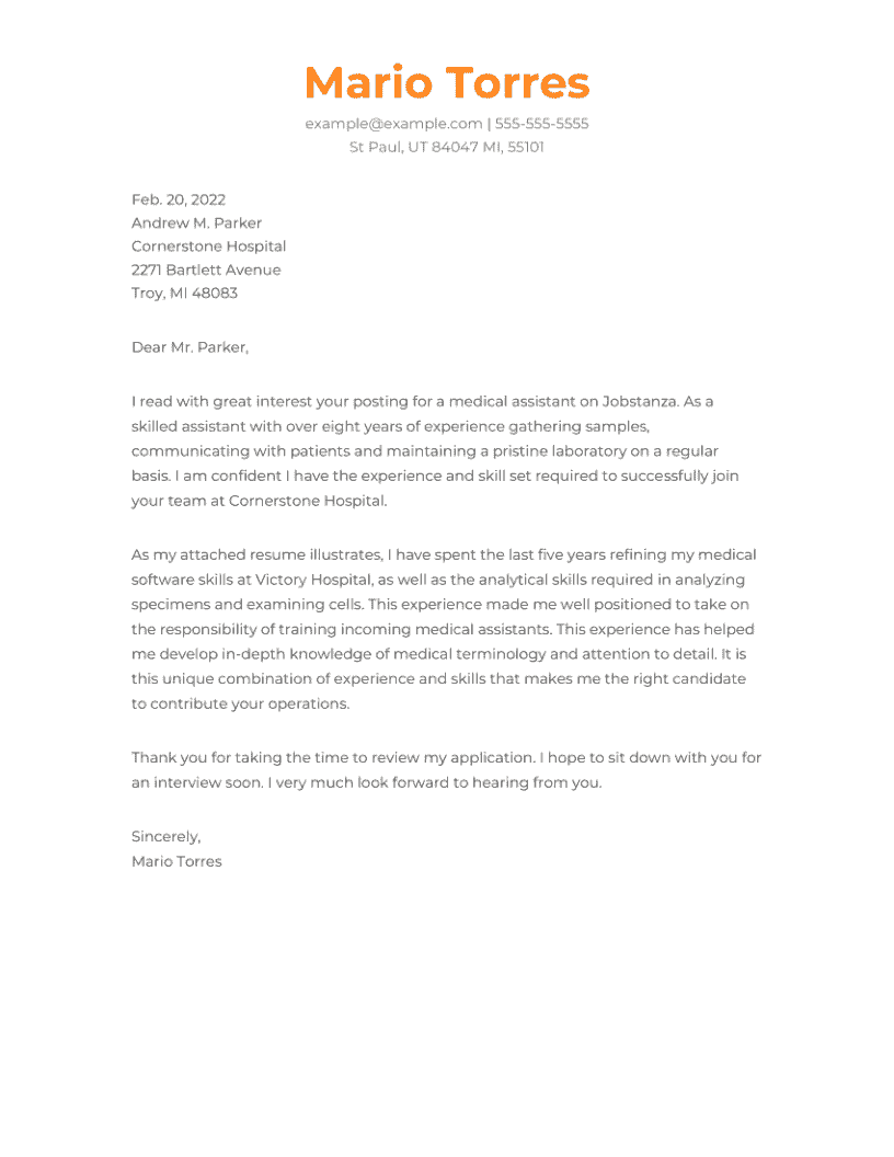 Medical Assistant Cover Letter Example
