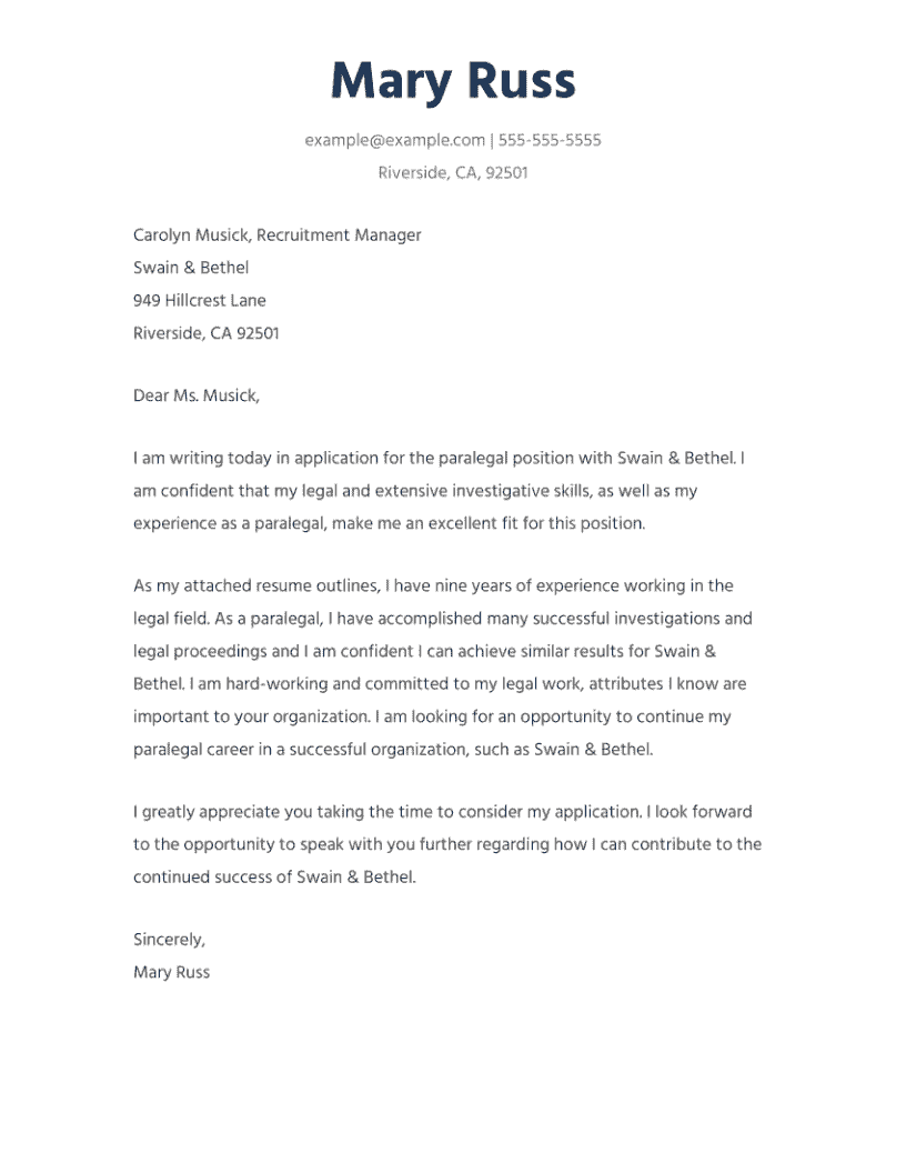 Paralegal Cover Letter Example