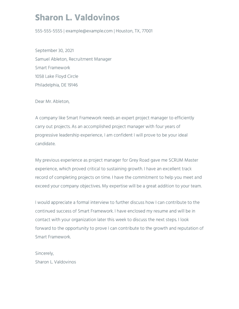 Project Manager Cover Letter Example