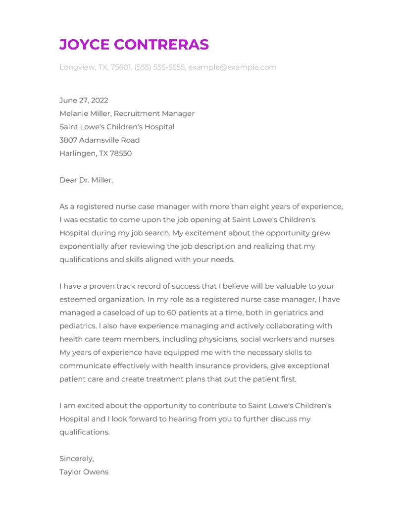 Registered Nurse Cover Letter Sample