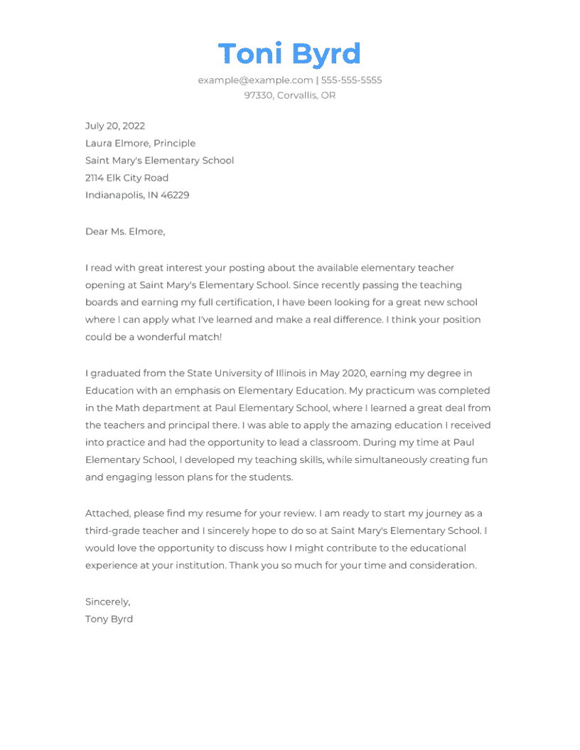 Teacher Cover Letter Example