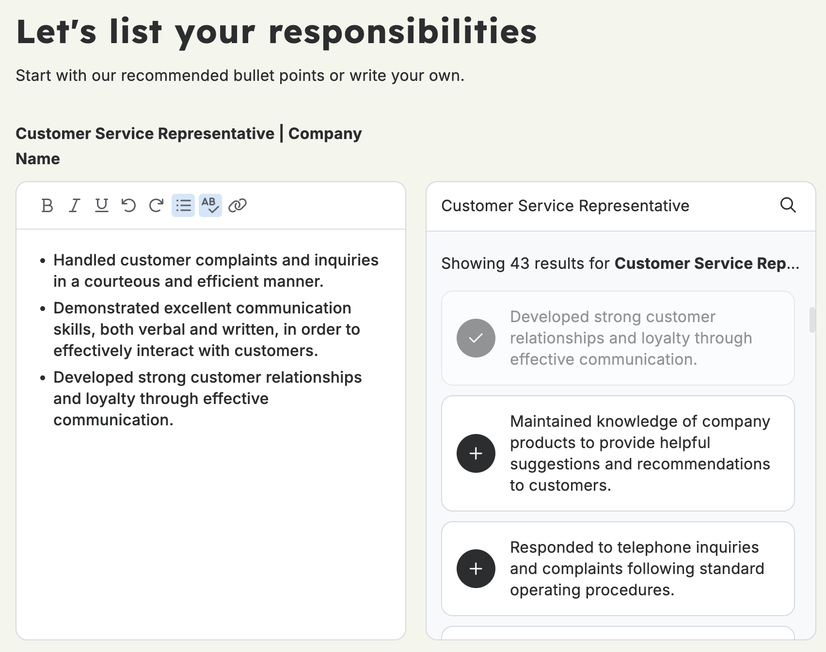 A screenshot from the Resume Genius resume builder showing work a experience bullet point editor. The user can write their own, or choose from AI generated bullet points.