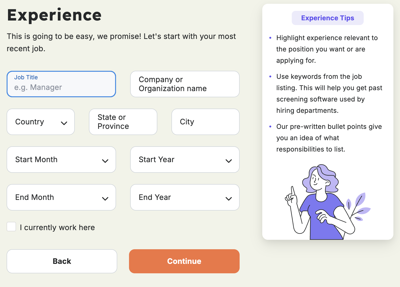 A screenshot of the Resume Genius resume builder, showing a screen where you enter your professional experience.