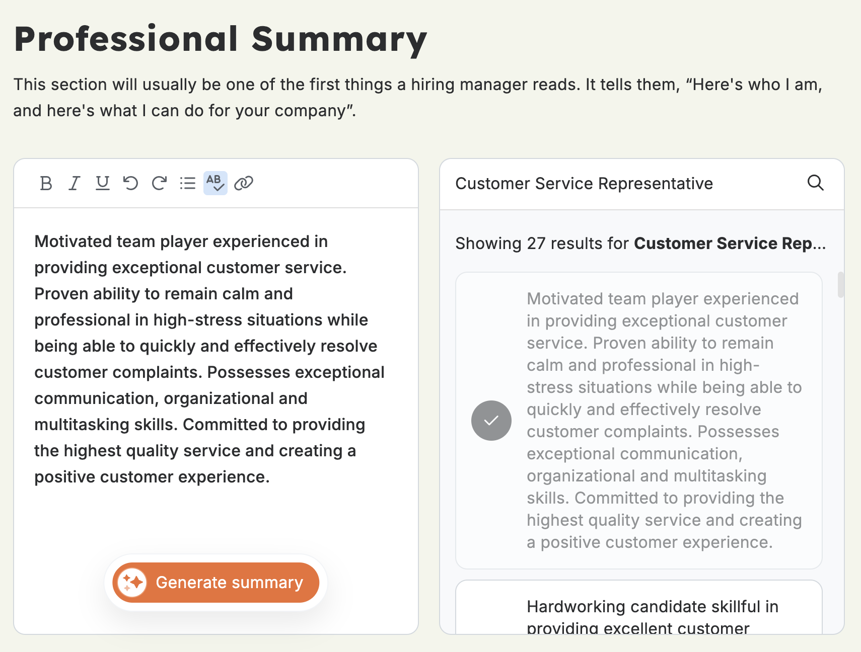 A screenshot of the Resume Genius resume builder showing the professional summary generator page.