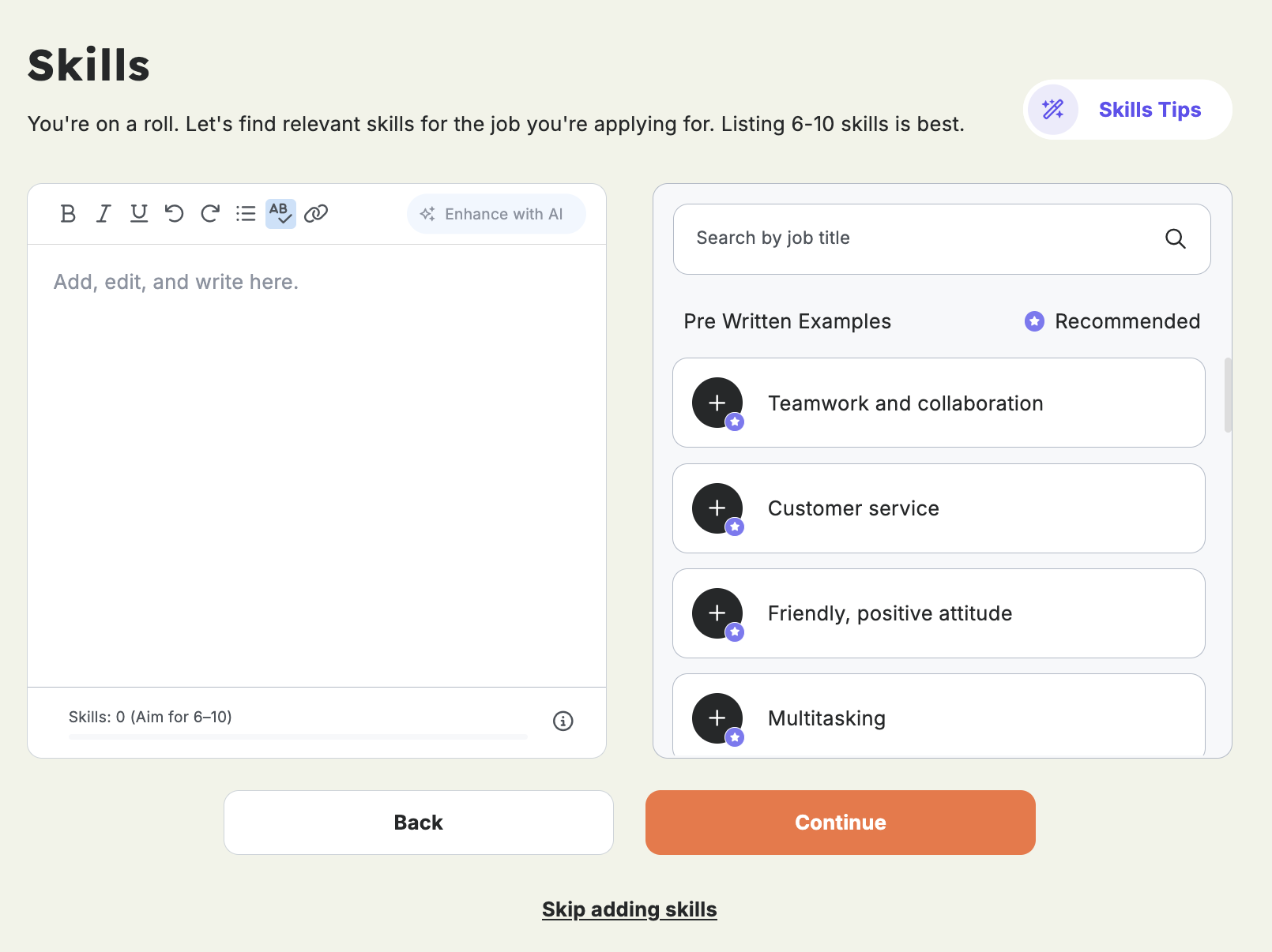 A screenshot of the Resume Genius builder showing the skills section screen.