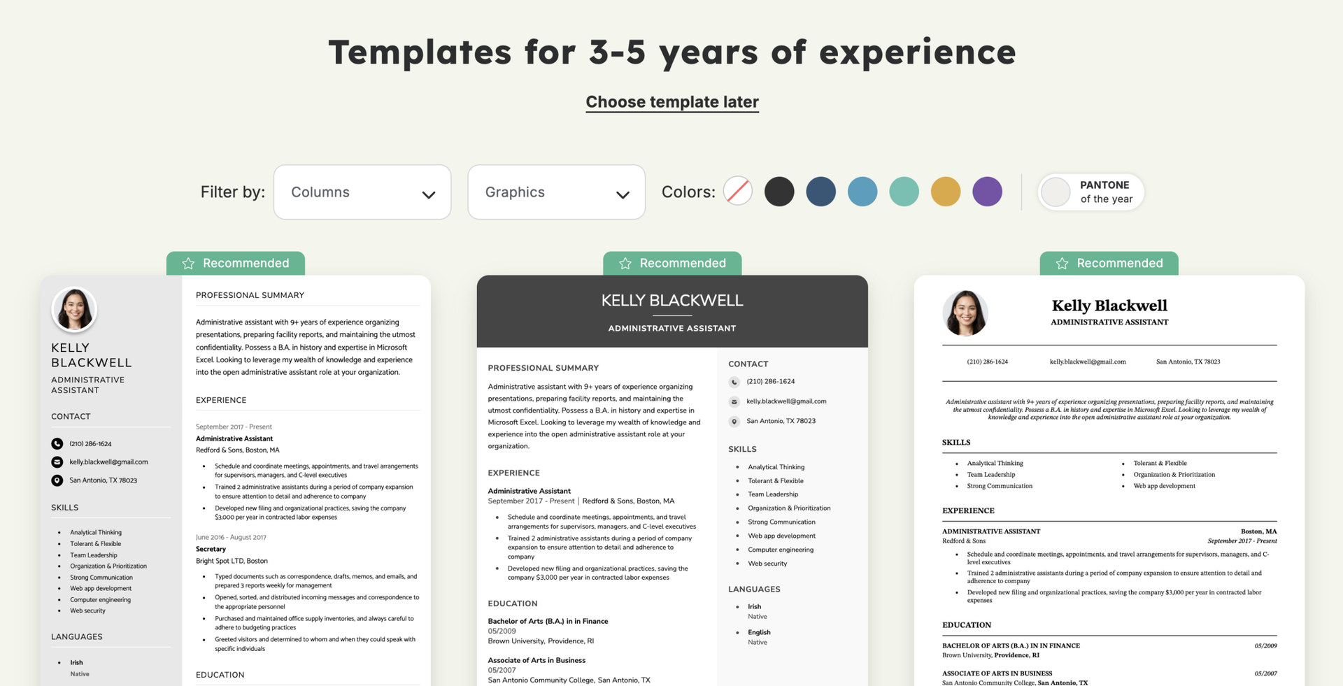 A screenshot of the Resume Genius resume builder showing suggested resume templates.